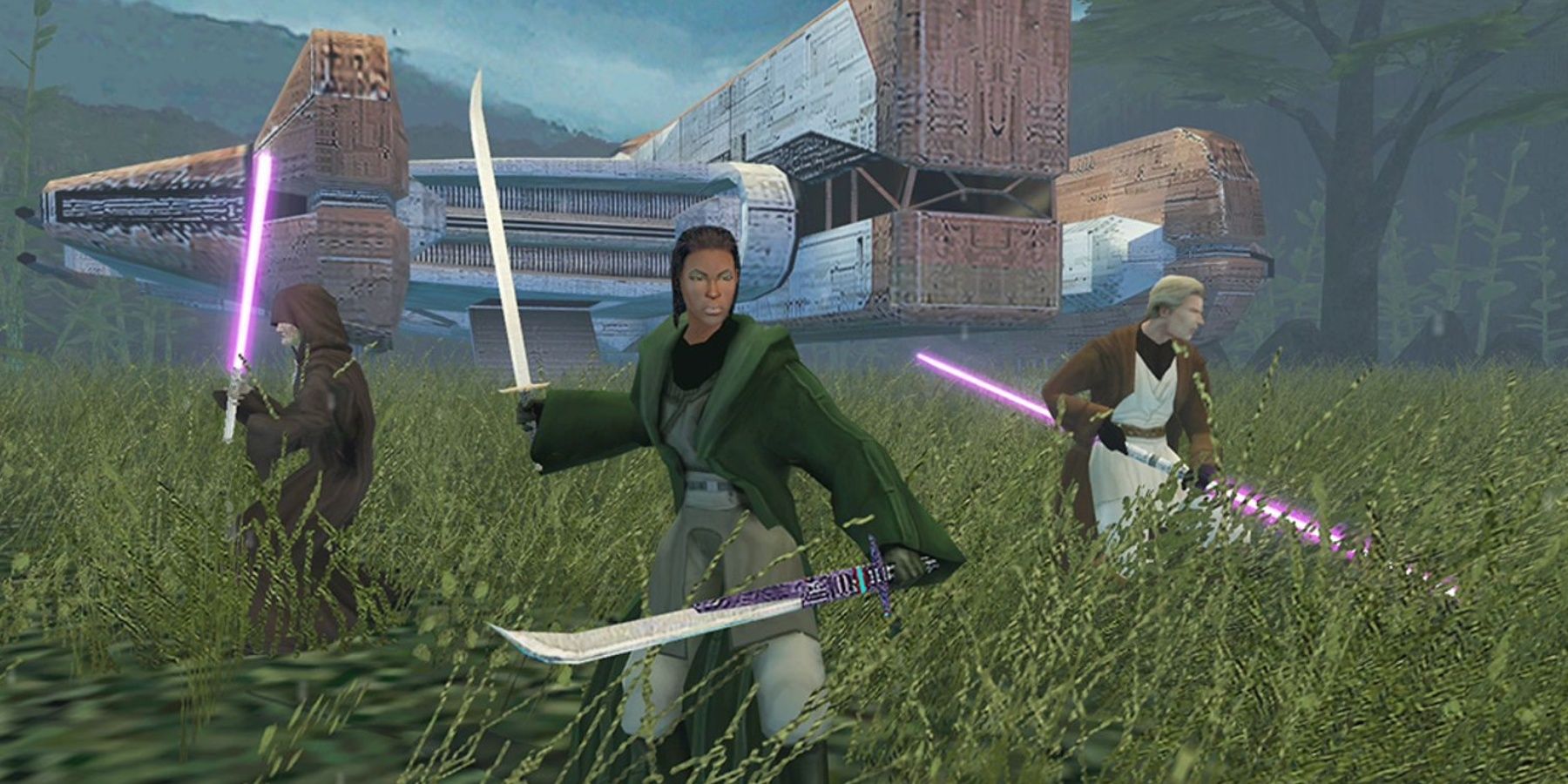 The Exile prepares for battle alongside Kreia and The Disciple, Mikel in Star Wars KOTOR 2.
