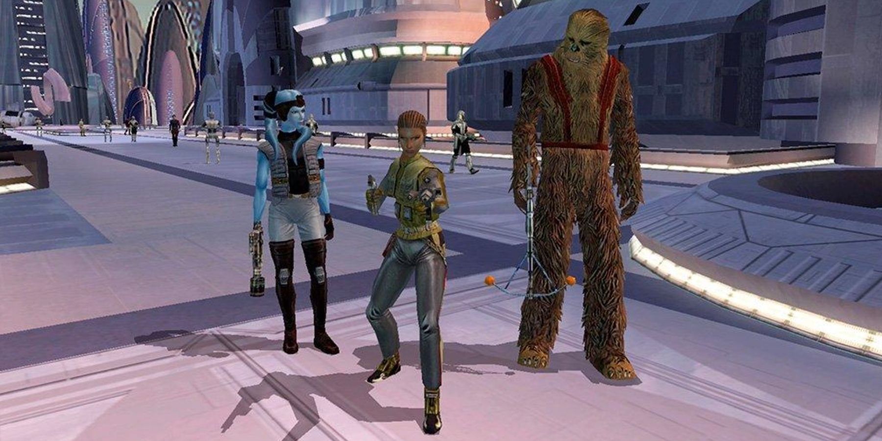 The main character walks Taris with Mission Vao and Zaalbar in Star Wars KOTOR.