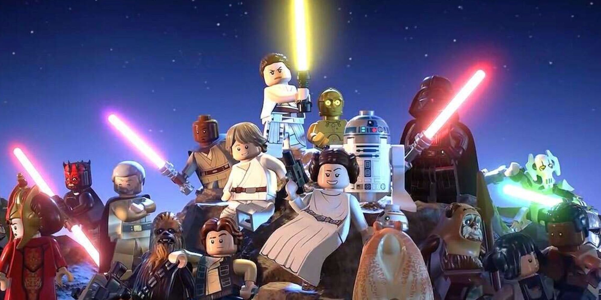 All Star Wars Lego characters pose together for a group photo.