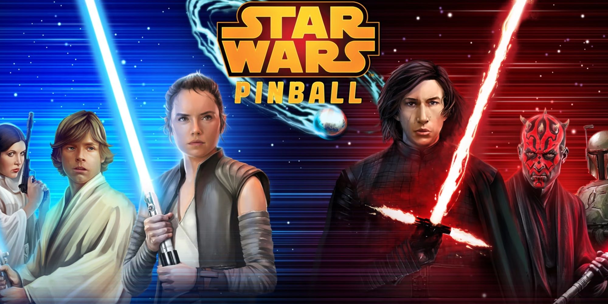 Rey, Kylo Ren, Luke, Leia, Darth Maul, and Boba Fett pose shoulder to shoulder in Star Wars Pinball.