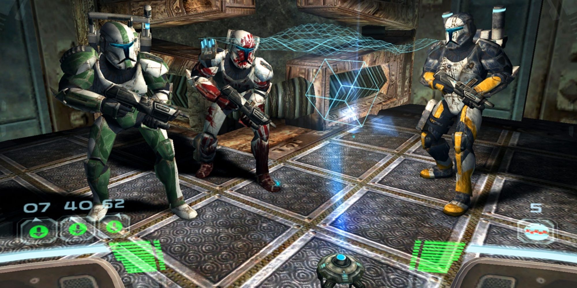 Delta Squad's 07, 40, and 52 prepare to drop out of a Republic ship for their mission in Star Wars: Republic Commando.