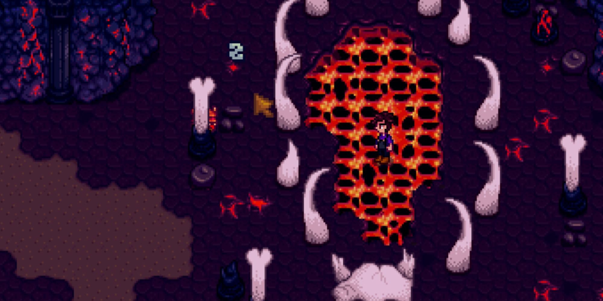Stardew Valley character stood in a pool of lava fighting a monster