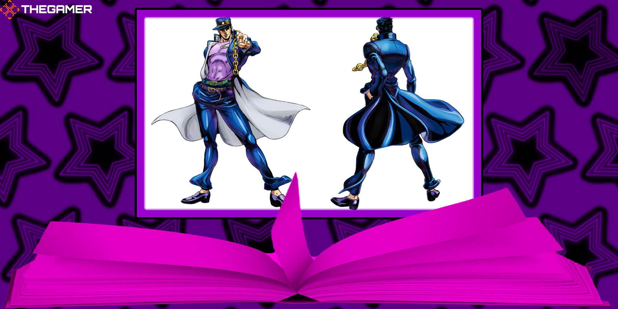 A reference sketch of Jotaro Kujo emerges from a dark-pink book. The background is adorned with dark-purple stars. Custom image for JoJo's Bizarre Adventure ASBR.
