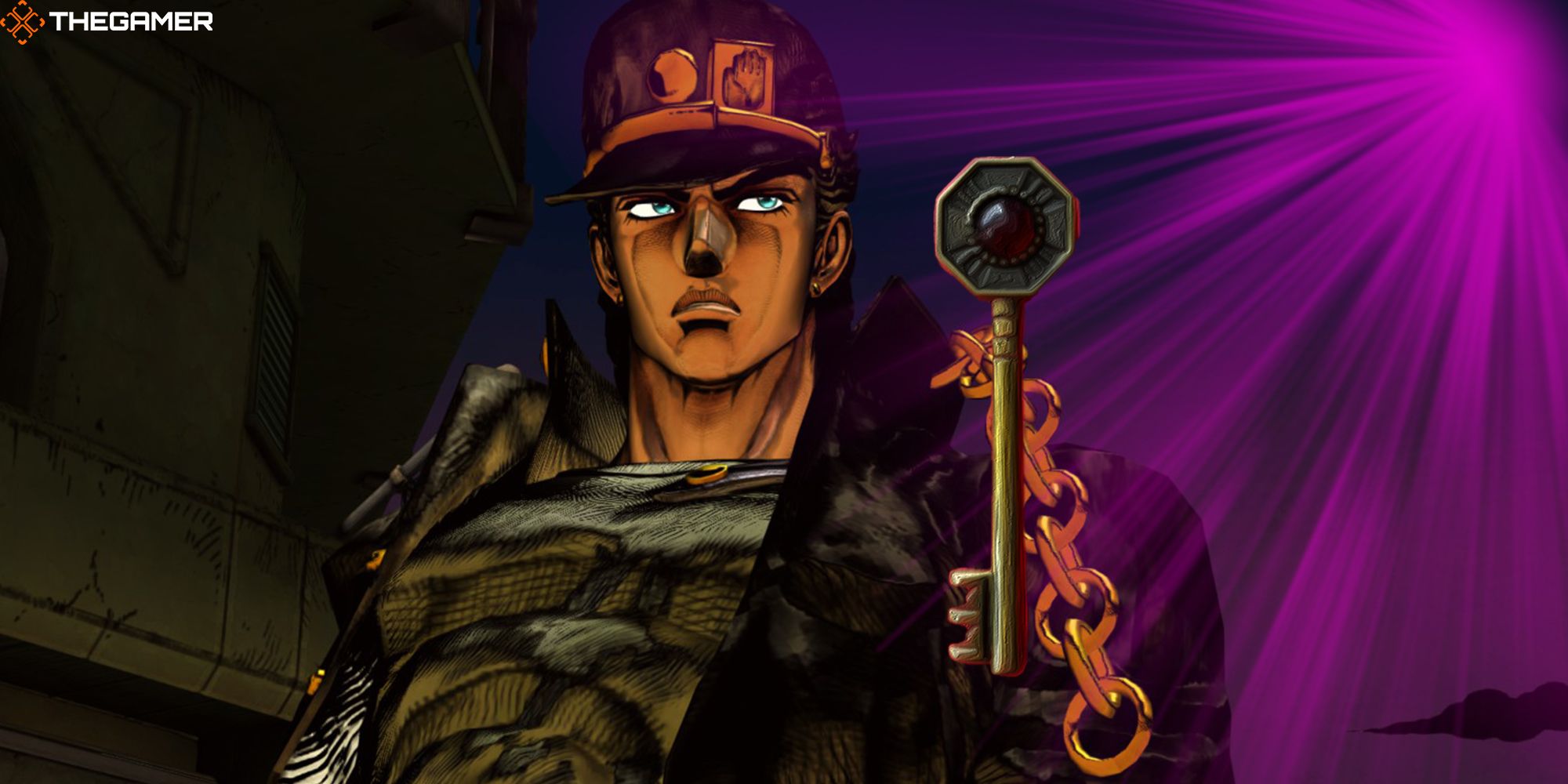 A purple light illuminates Jotaro Kujo and a Golden Wind key in this custom image for JoJo's Bizarre Adventure ASBR.
