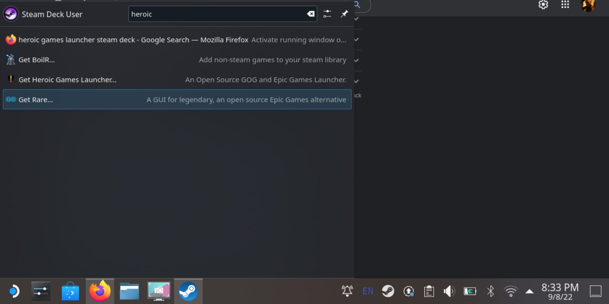 Steam Deck  рабочий стол linux стартовое меню