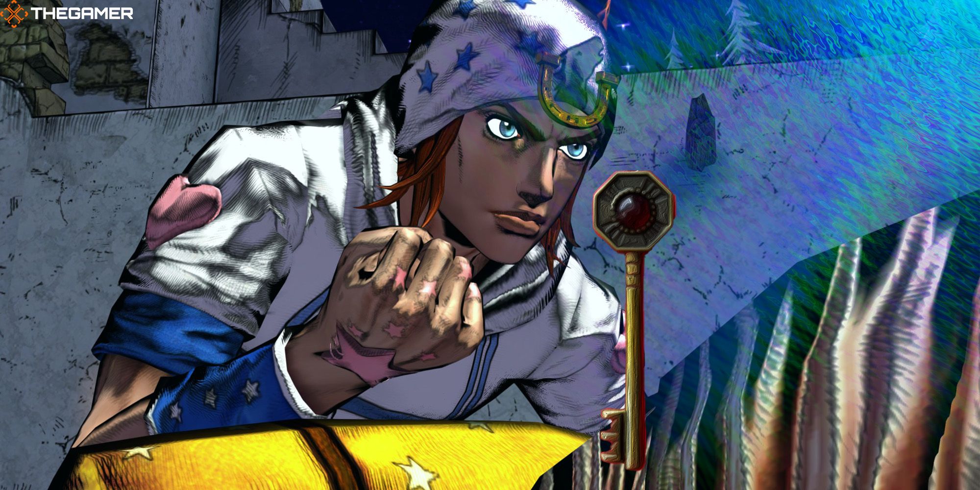 Johnny Joestar, on horseback, looks in the glow of northern lights. An image of a golden key sits in the foreground. Custom image for JoJo's Bizarre Adventure ASBR.