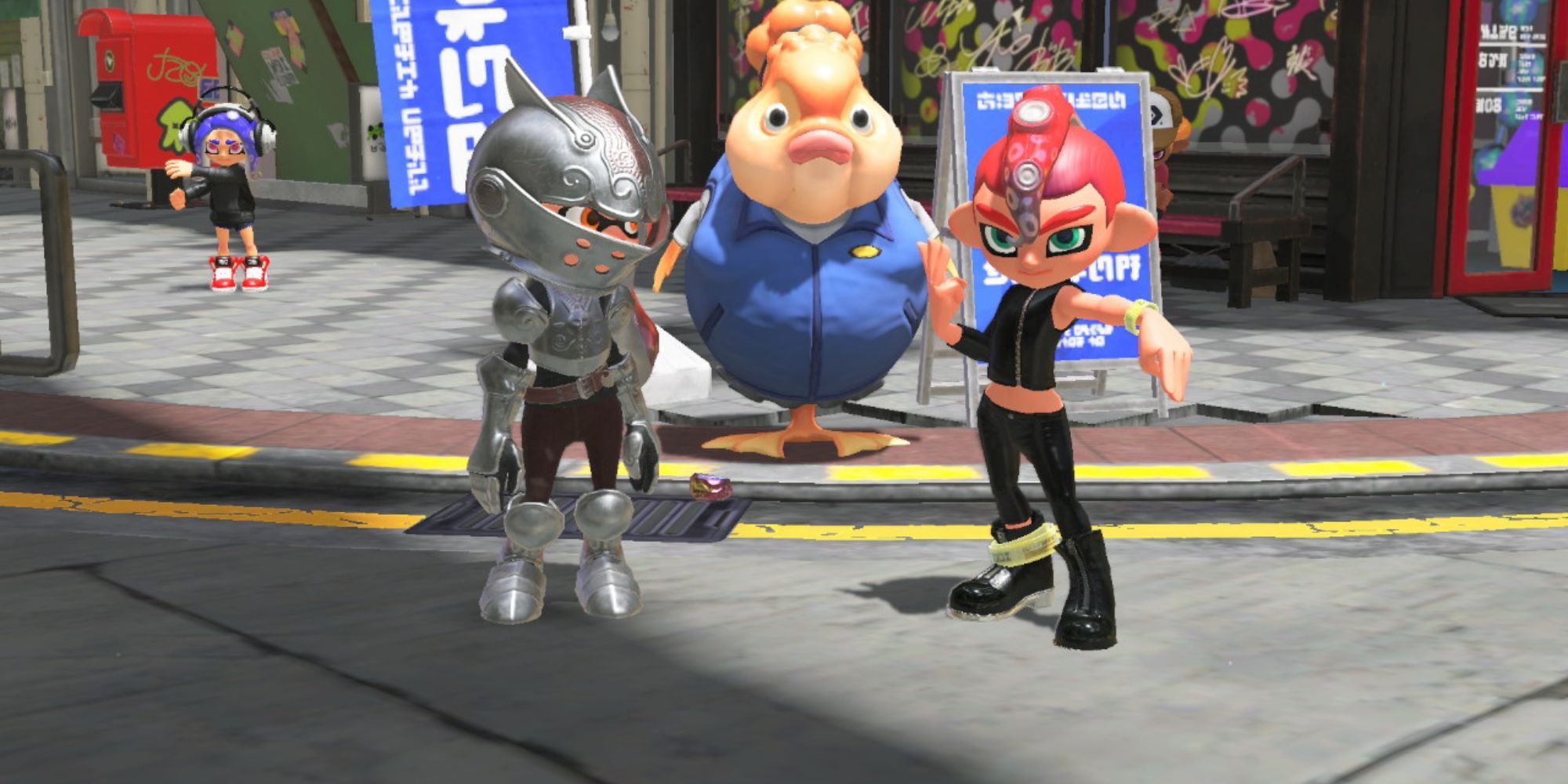 An Inkling wearing the Steel Outfit stares at an Octoling boy