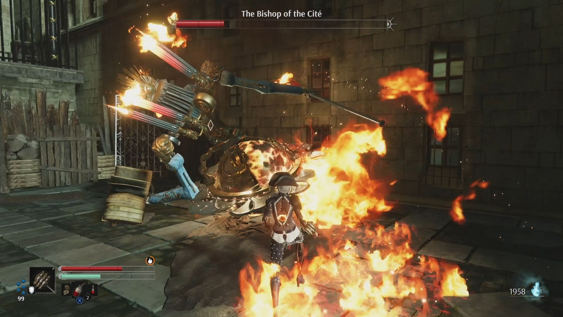 Steelrising, The Bishop Of The Cite, Spinning Blade Charge Attack With Fire