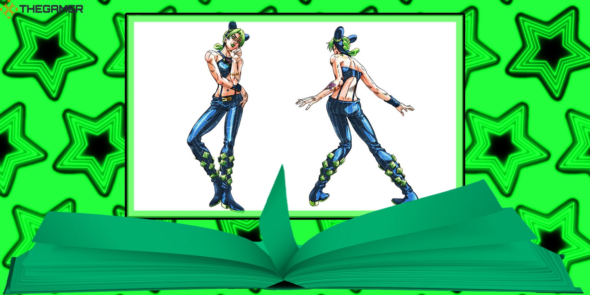 A reference sketch of Jolyne Cujoh emerges from a sea-green book. The background glows with bright neon green stars. A custom image for JoJo's Bizarre Adventure: ASBR.