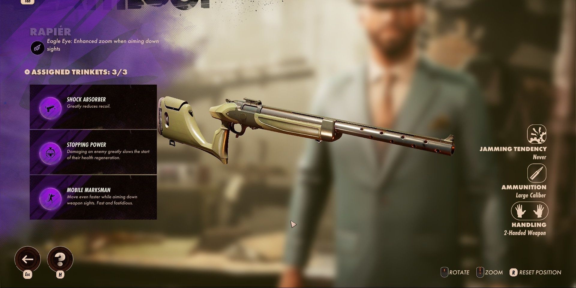 Screenshot of the Stopping Power trinket in Deathloop with a Rapier gun in the center of the screen