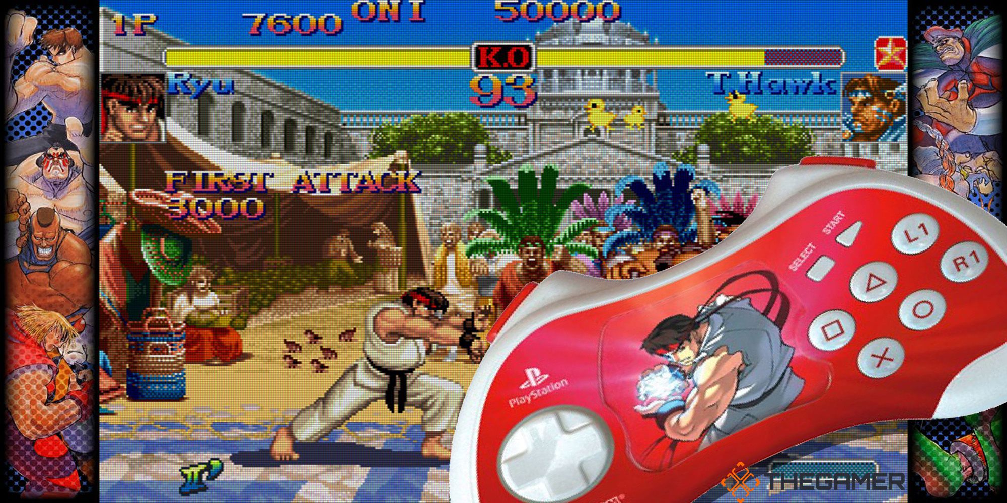 A red nubytech Street Fighter PS2 fight pad against a screen shot from Hyper Street Fighter 2: The Anniversary Edition. Custom image for TG.