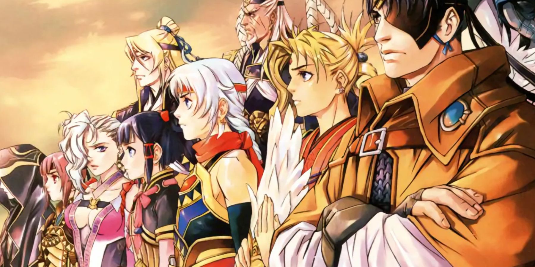Suikoden 5 The Prince and his companions the 108 Stars lined up next to each other looking into the distance