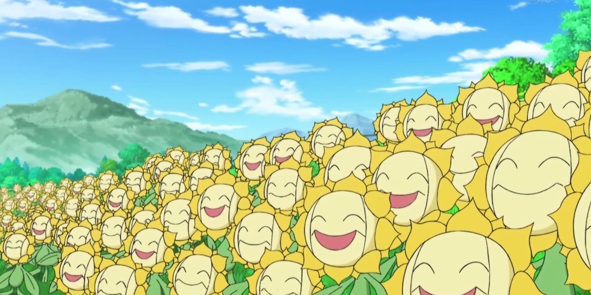 Sunflora from the anime, multiple of them together smiling