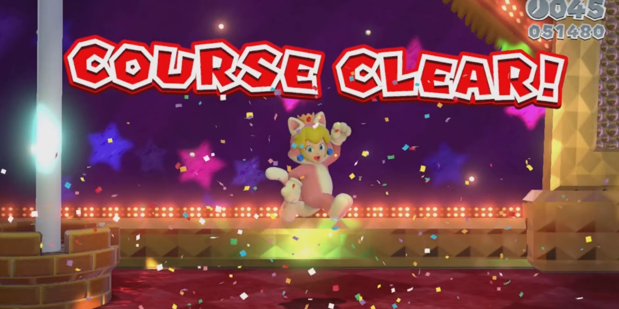 Cat Peach jumps in the air after clearing a stage