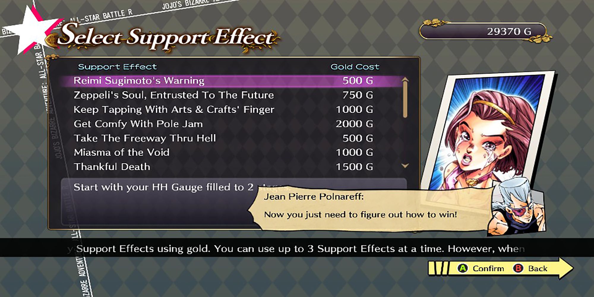 The Support Effect menu is where players can buy performance enhancing bonuses in Jojo's Bizarre Adventure: ASBR.
