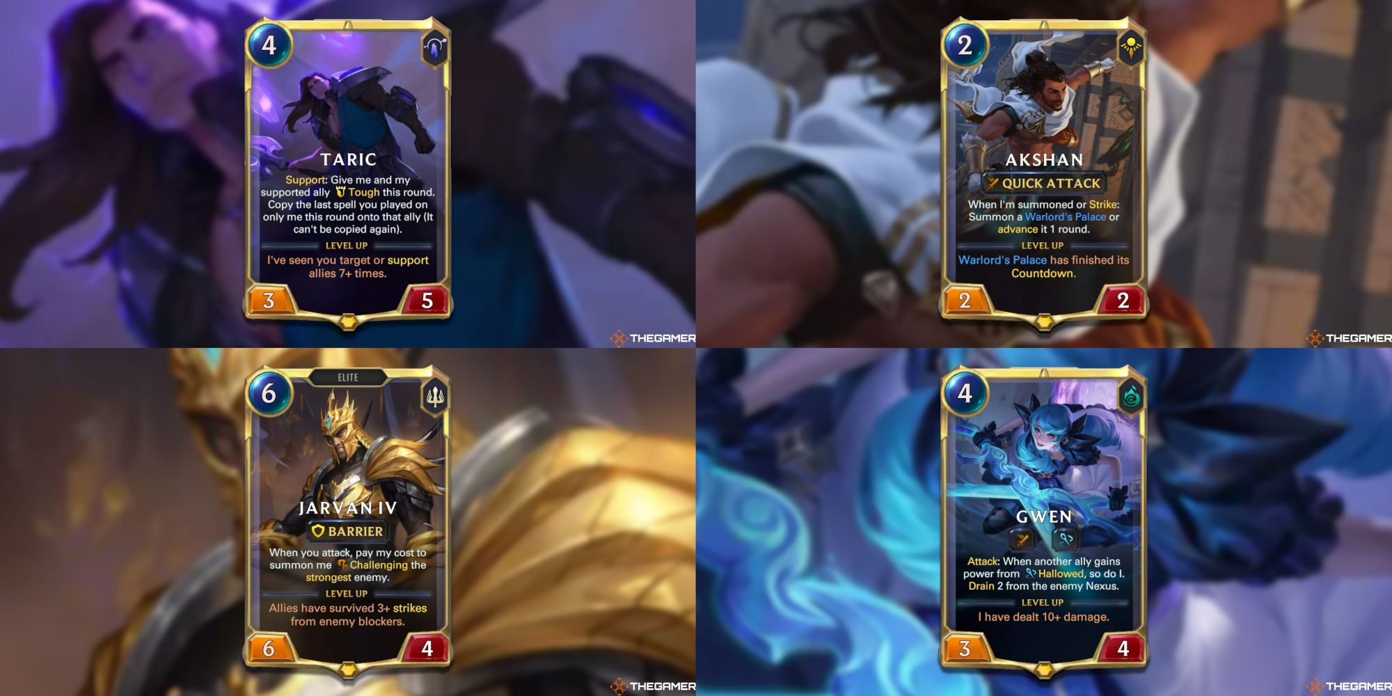 Legends of Runeterra split image of Taric, Akshan, Jarvan IV, and Gwen champion cards