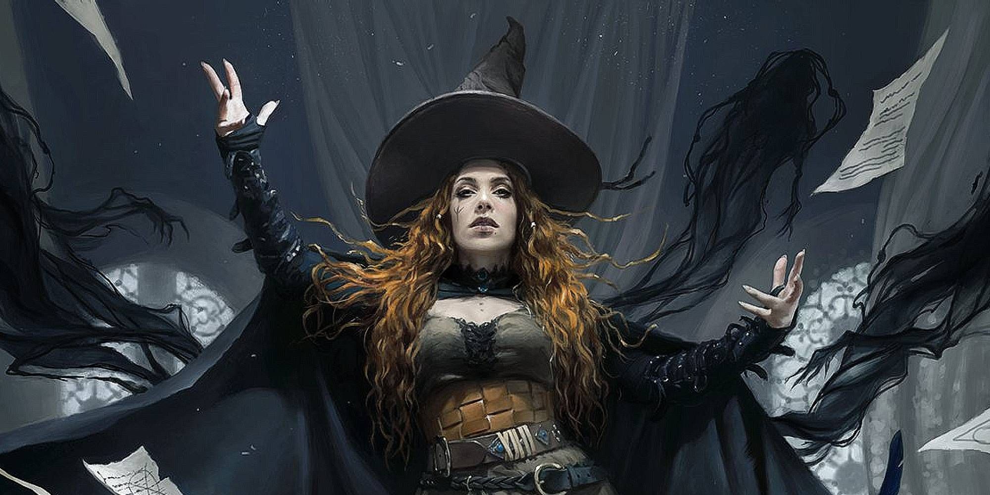 A pale woman dressed in witch's attire (pointy hat, dark robes) poses as shadowy magic emanates from her
