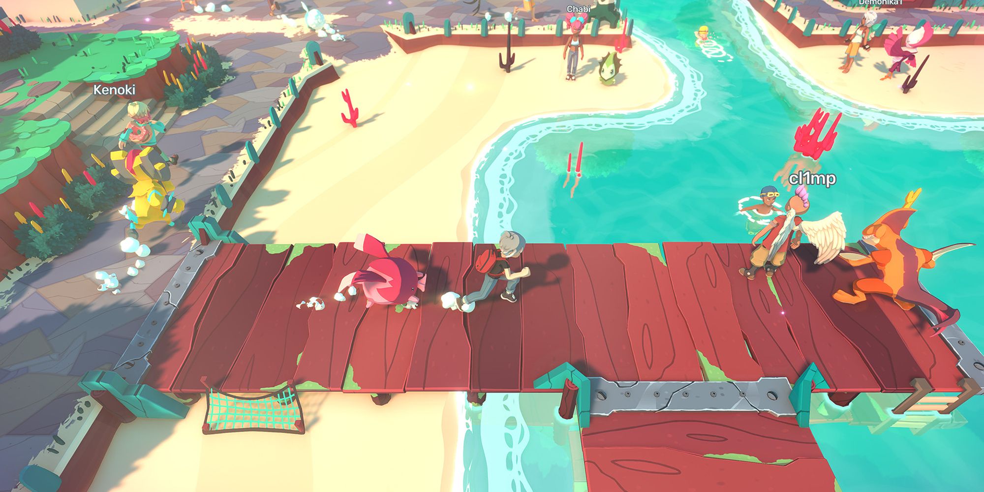 The player runs along an ocean dock in Temtem