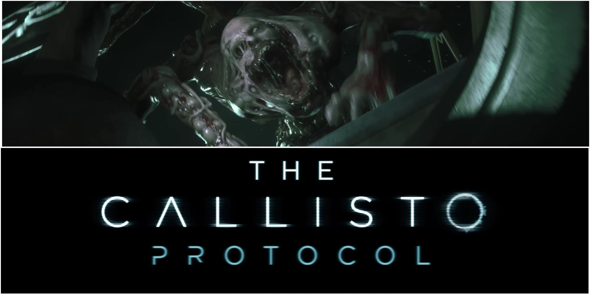 Screenshot split image of the scary creature and title screen from The Callisto Protocol trailer.