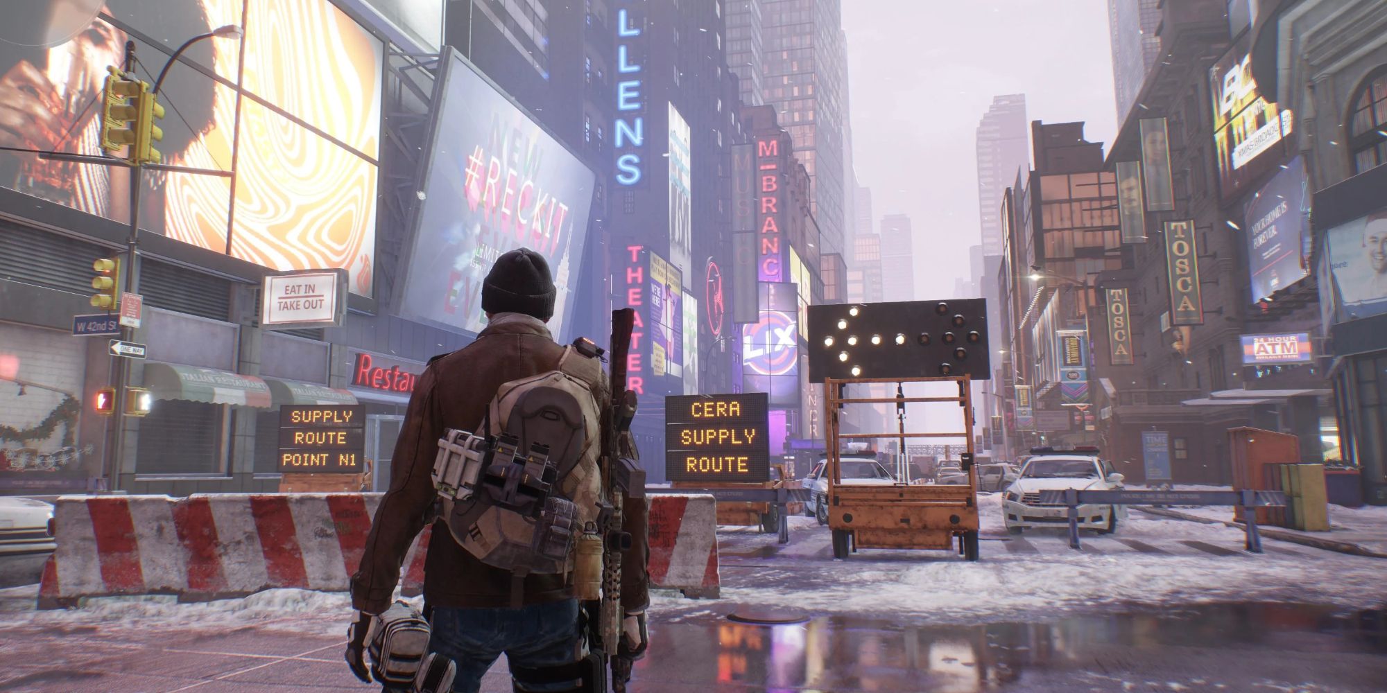 Character standing in a snowy Times Square in The Division