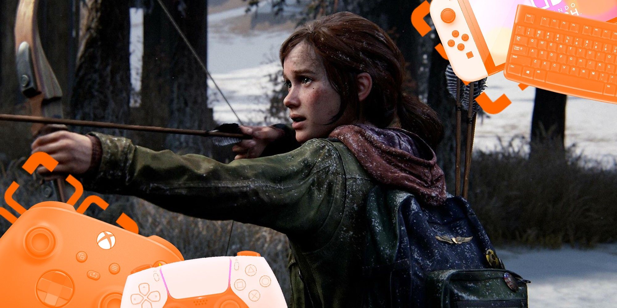 Ellie drawing her bow in The Last of Us Part 1, with controllers added to the image.