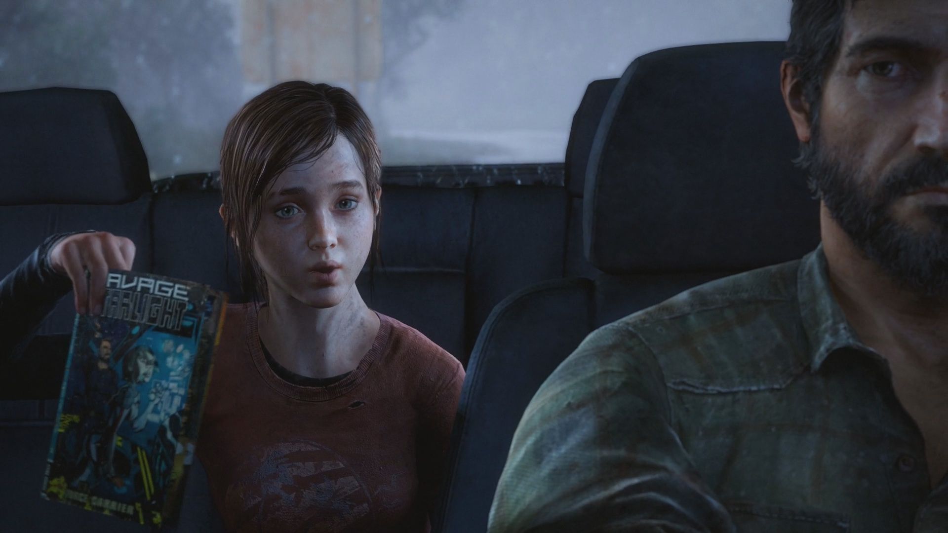 Ellie shows Joel a comic book inside a car in The Last of Us Part 1