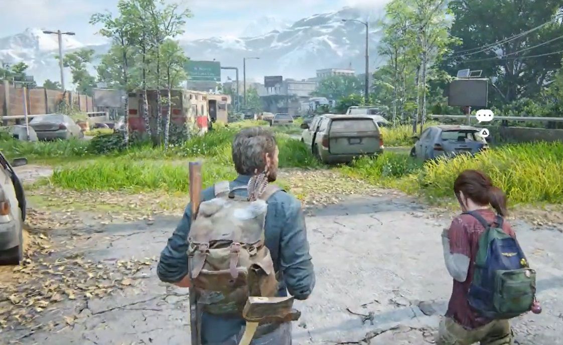 Ellie and Joel speak with each other on a freeway in Bus Depot in The Last of Us Part 1