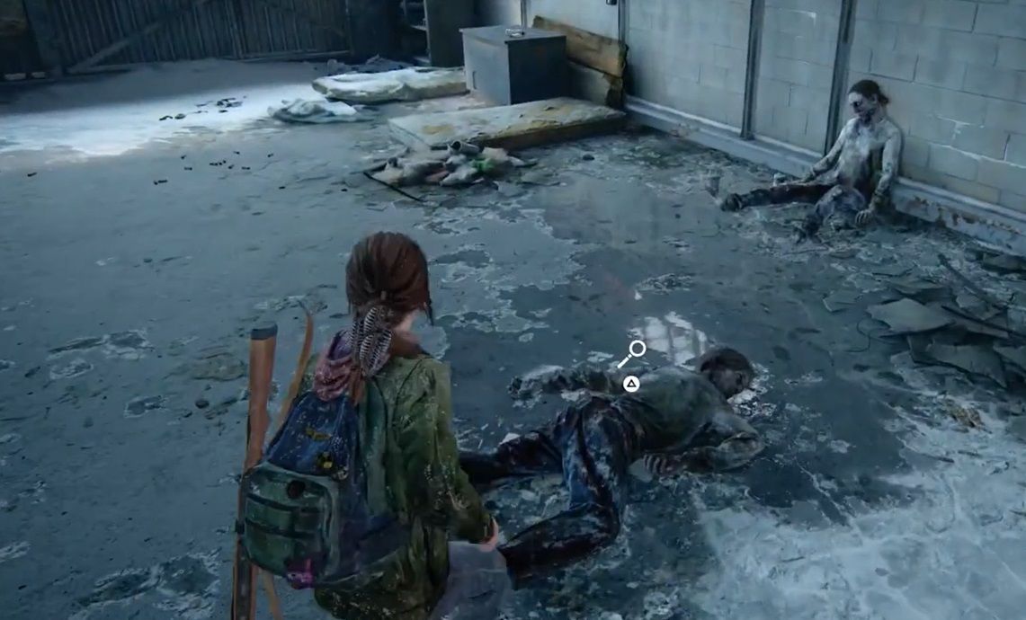 Ellie in a room filled with  some dead bodies on the floor in The Last of Us Part 1