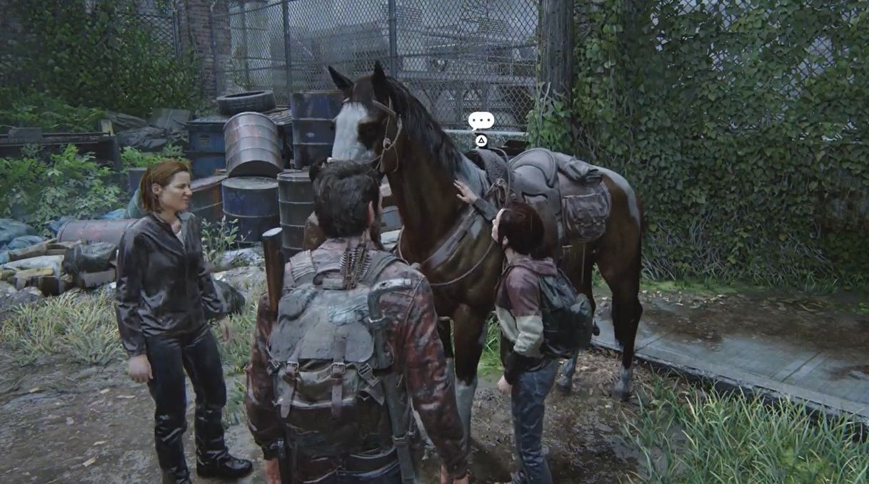 Joel with Ellie as she pets a horse in Tommy's dam in The Last of Us Part 1