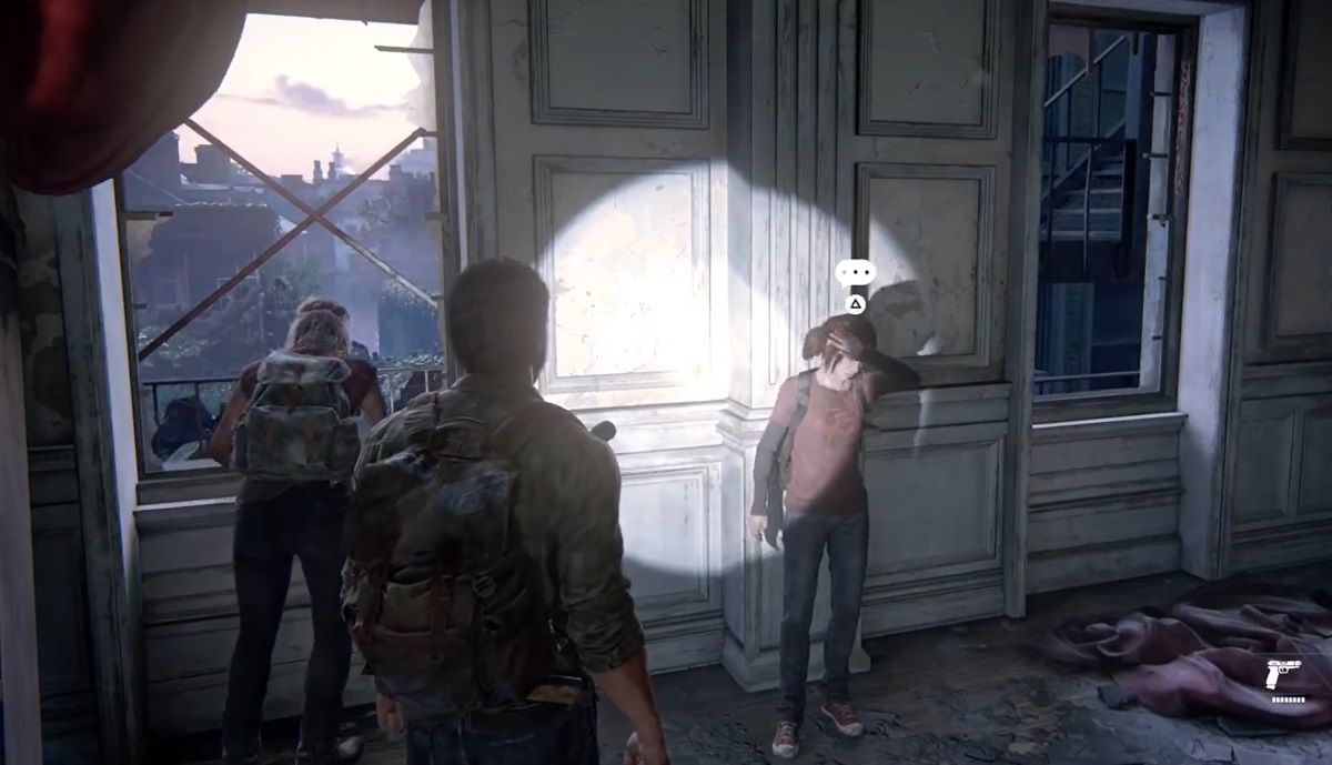 Joel faces Ellie who covers from the gaze of the touch while standing beside Tess in The Last of Us Part 1