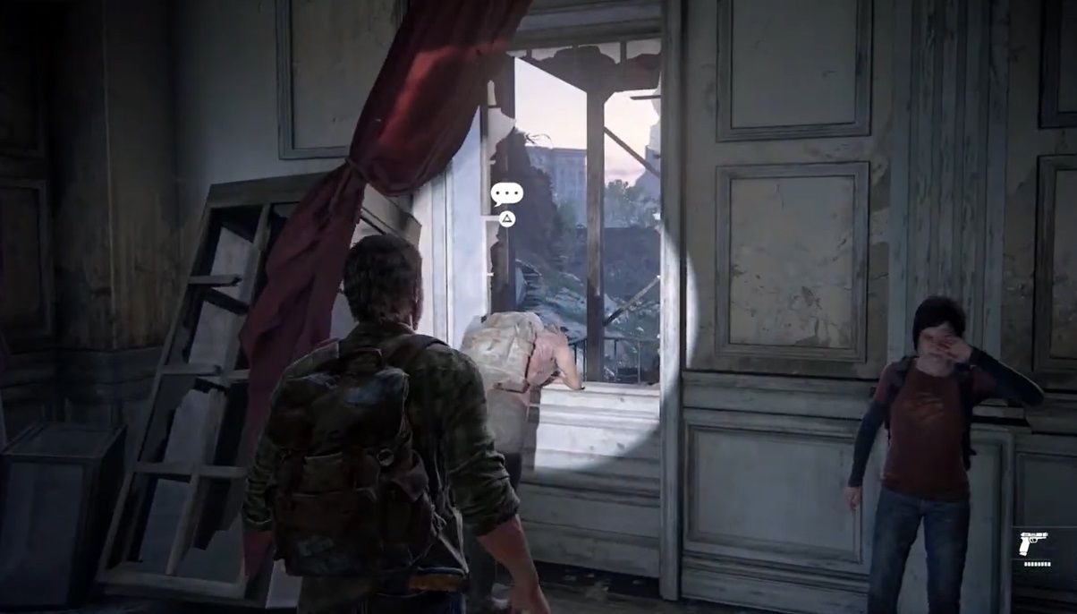 Joel facing Tess, while Ellie stands by the side inside a museum in The Last of Us Part 1