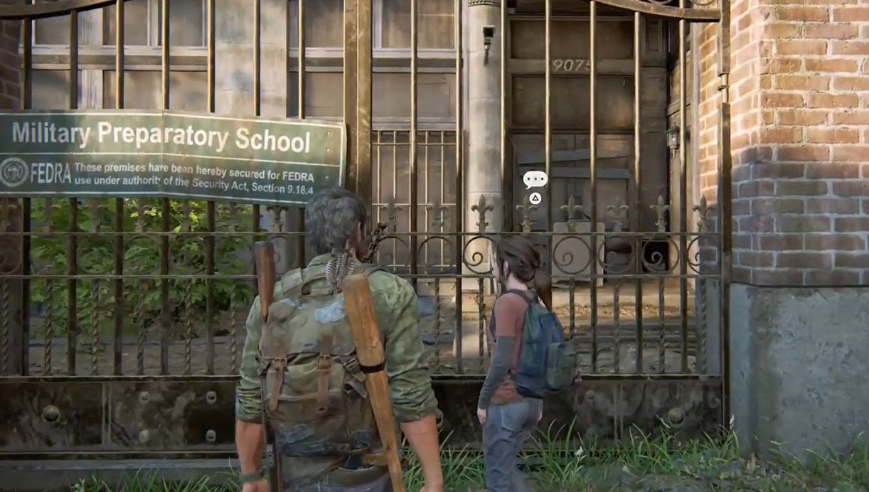 Joel and Ellie at an abandon school in Pittsburgh in The Last of Us Part 1