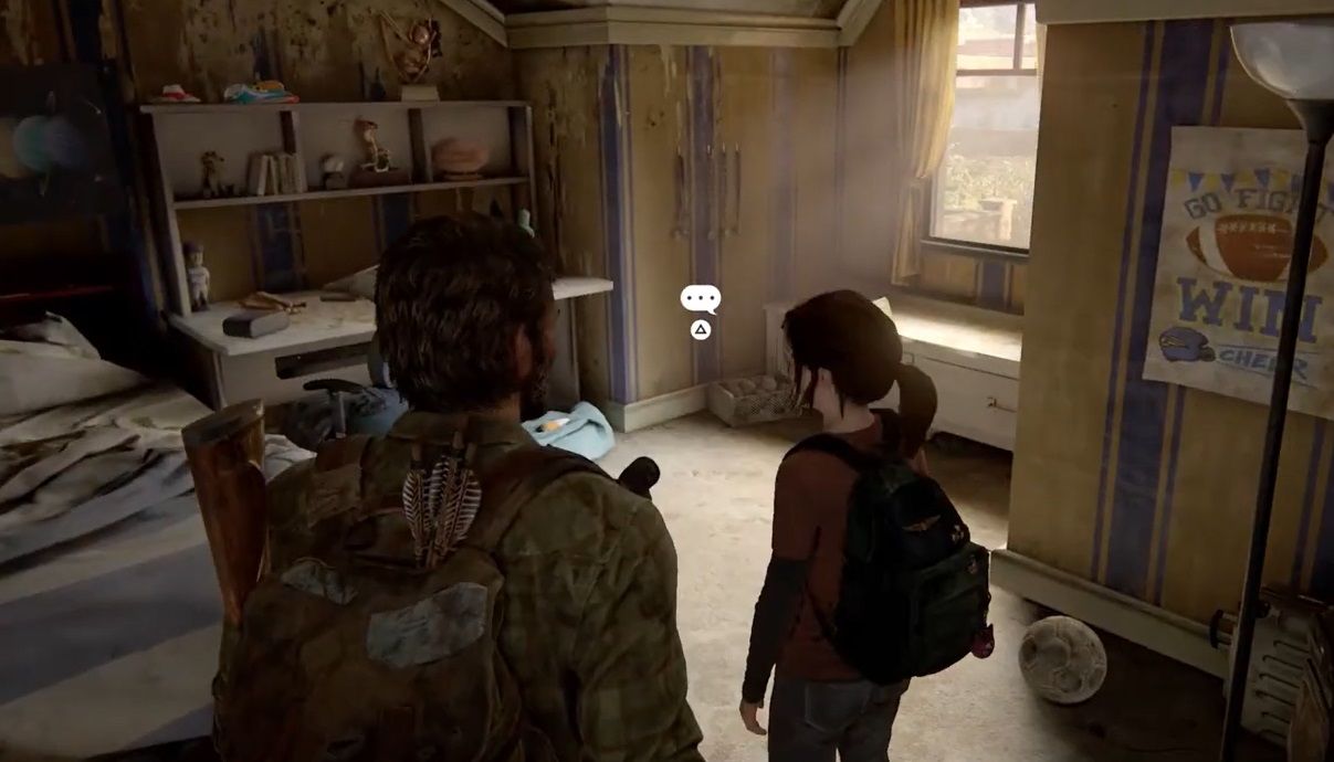 Joel stands beside a bed with Ellie inside a kids room in The Last of Us Part 1