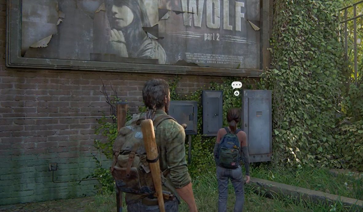 Joel and Ellie stare at a big advertisement board in The Last of Us Part 1