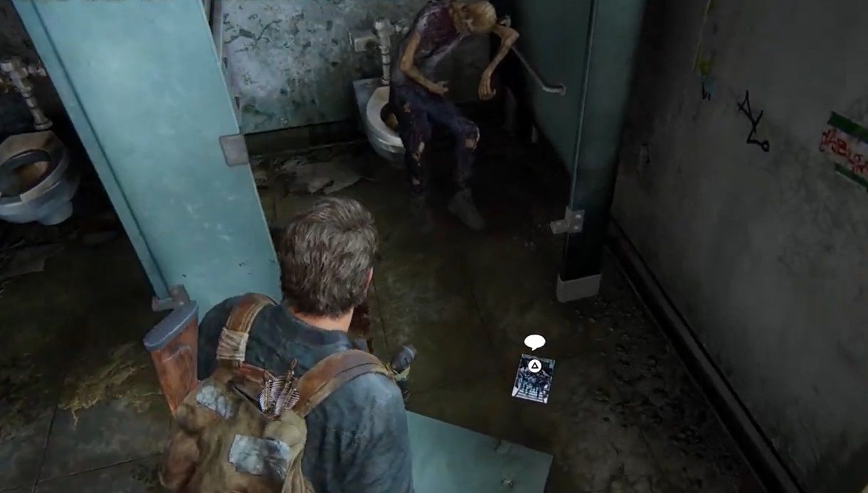 Joel looks at a dry dead man in The Last of Us Part 1
