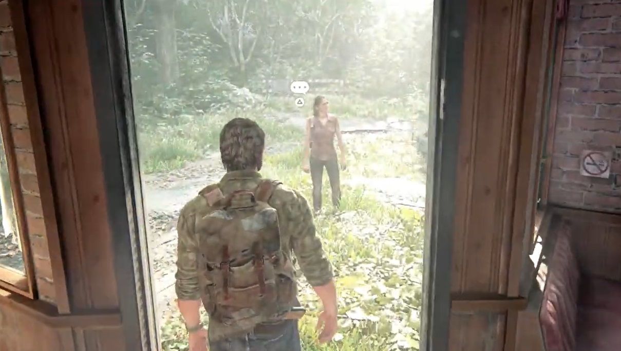 Joel walks out of restaurant facing Tess in he Last of Us Part 1