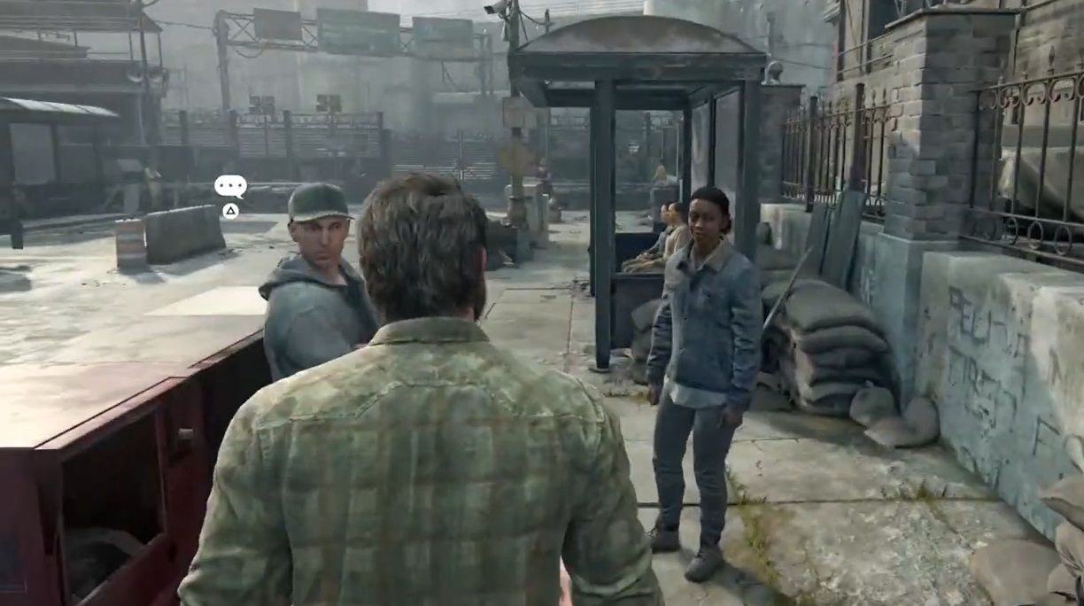 Joel stands with a guy and a lady at the FEDRA checkpoint in The Last of Us Part 1