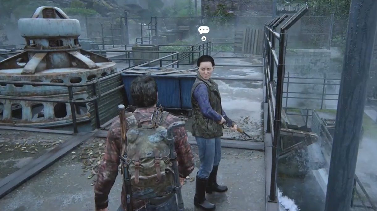 Joel talks to a woman who is holding a rifle in Tommy's Dam in The Last of Us Part 1