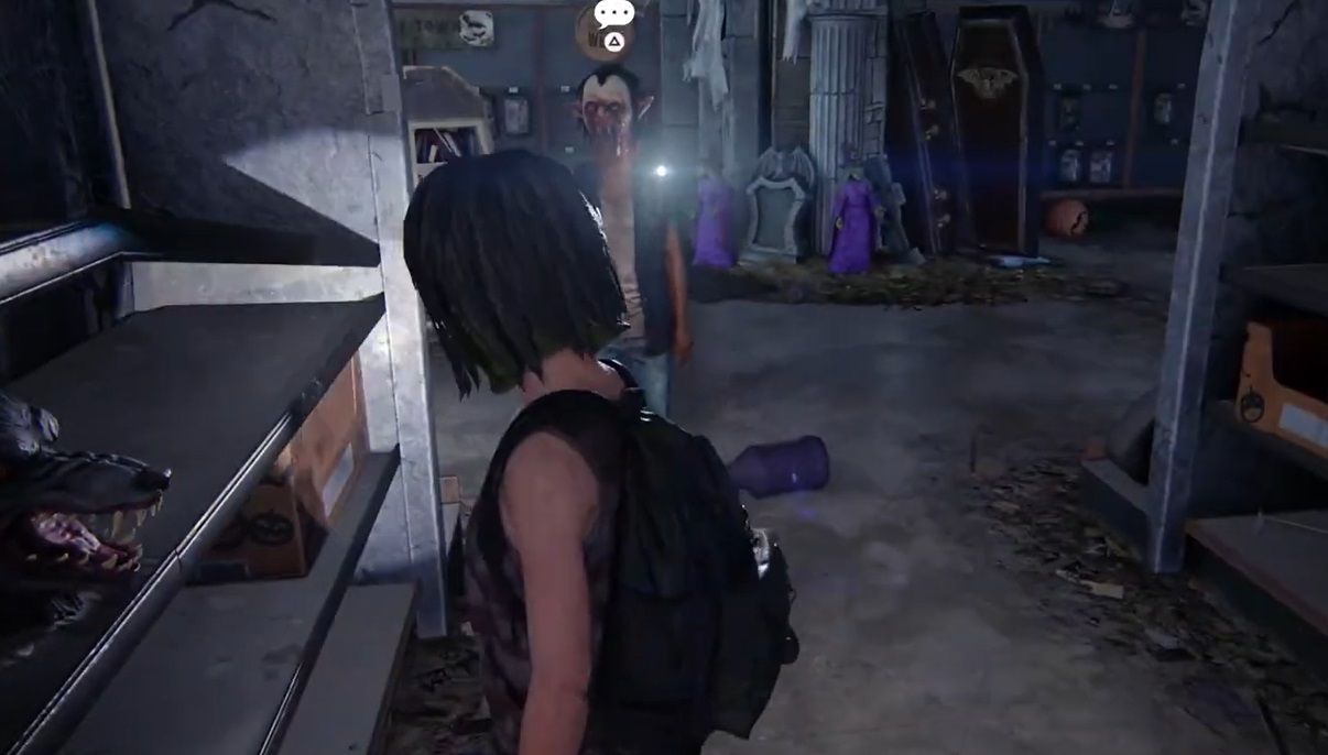 Ellie and Riley face each other in masks inside the Halloween store in The Last of Us Part 1 Left Behind