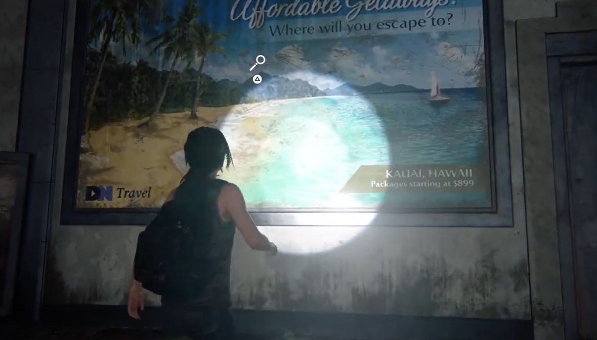 Ellie take a look at a vacation signboard inside Mallrat in The Last of Us Part 1 Left Behind 