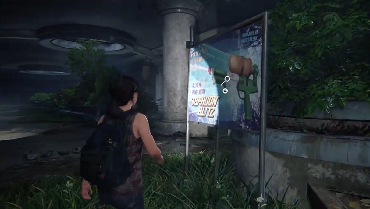 Ellie take a look at a water gun signboard inside Mallrat in The Last of Us Part 1 Left Behind