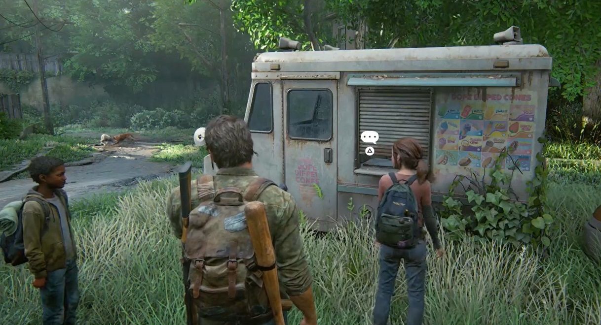 Sam, Joel, and Ellie stands and discuss in front of an Ice Cream Truck in The Last of Us Part 1