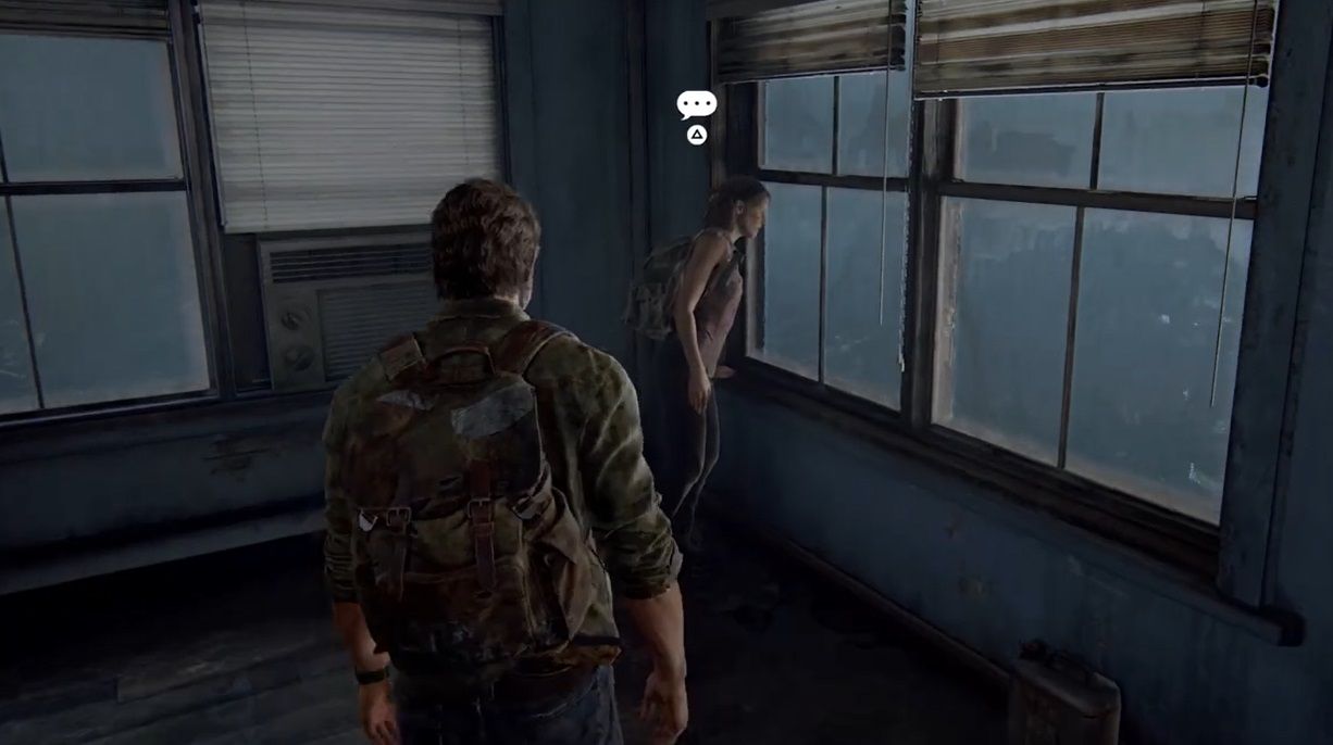 Tess looks out of windown while Joel walks up to her in the The Last of Us Part 1
