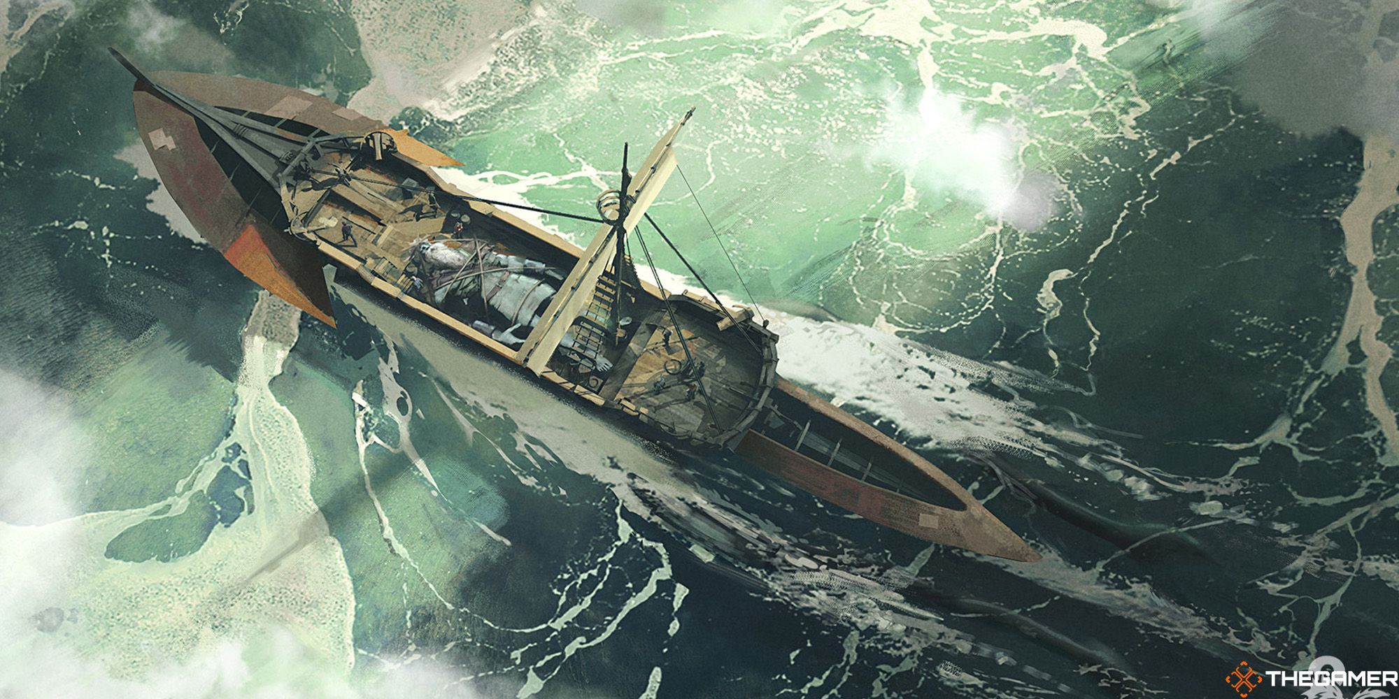 The Morkoth ship by Jedd Chevrier sailing on a green-blue sea with the sail down