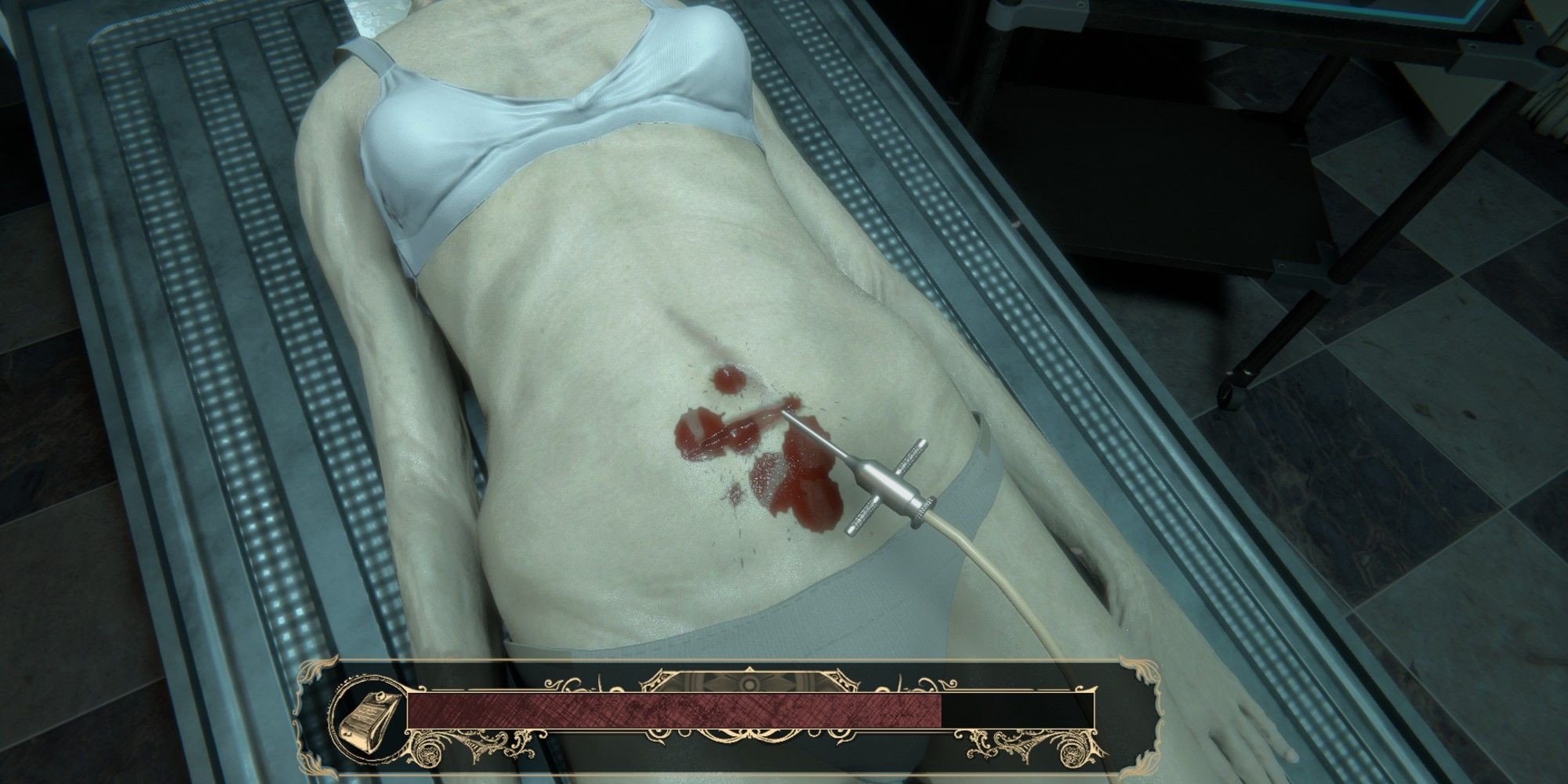 Blood drips onto the torso as you work on a body in The Mortuary Assistant