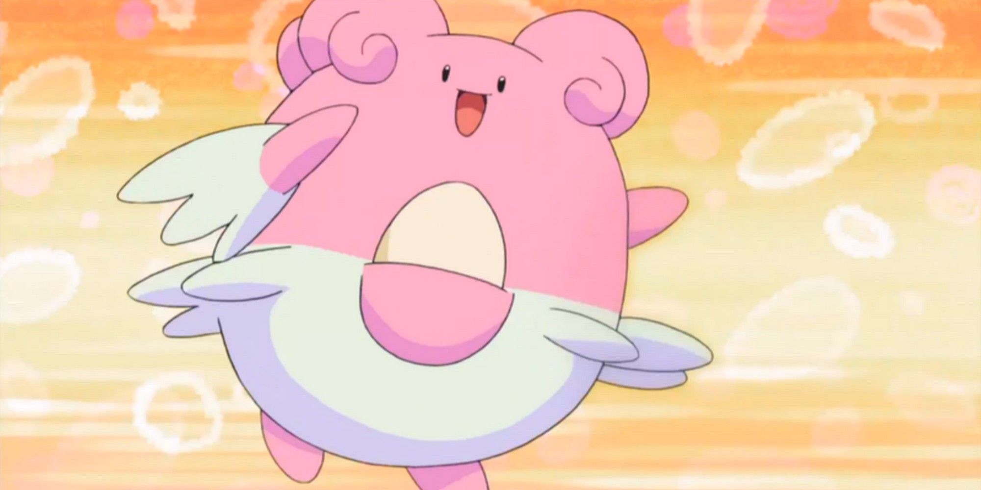 The Pokemon Blissey leaping with an egg in its pouch
