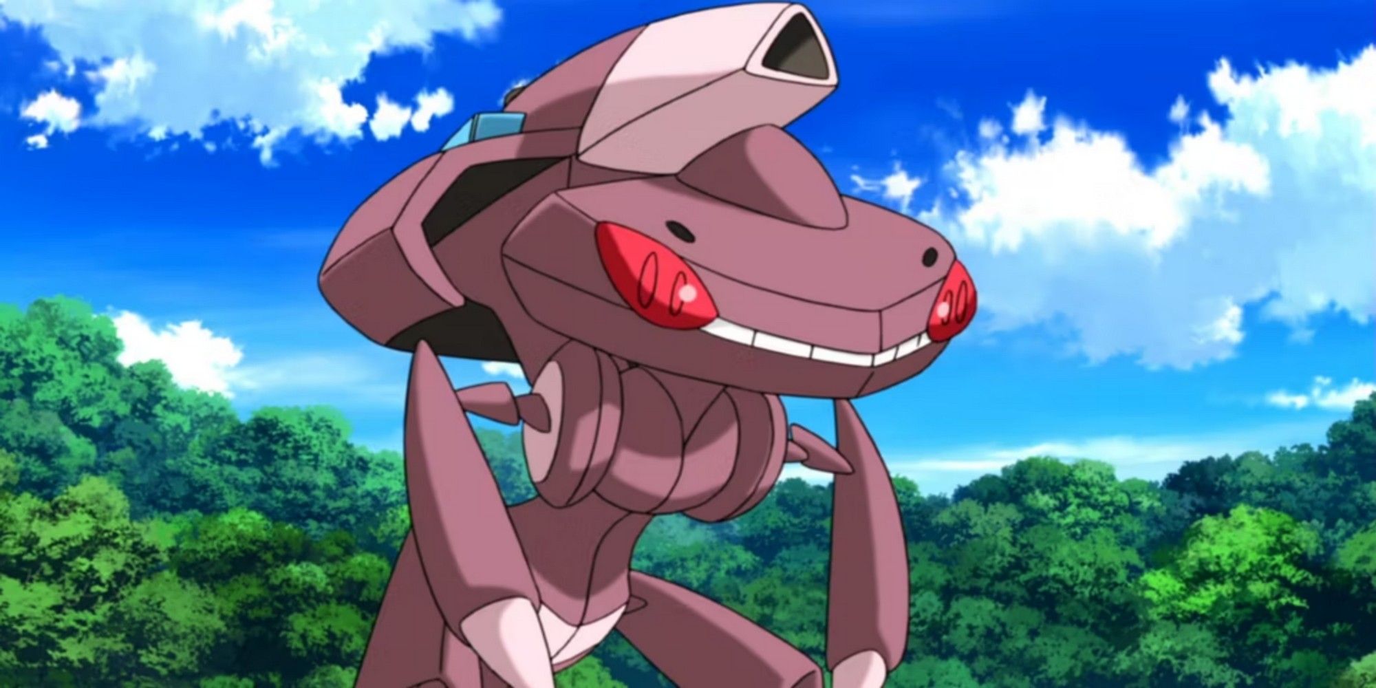 The Pokemon Genesect outside against trees and sky