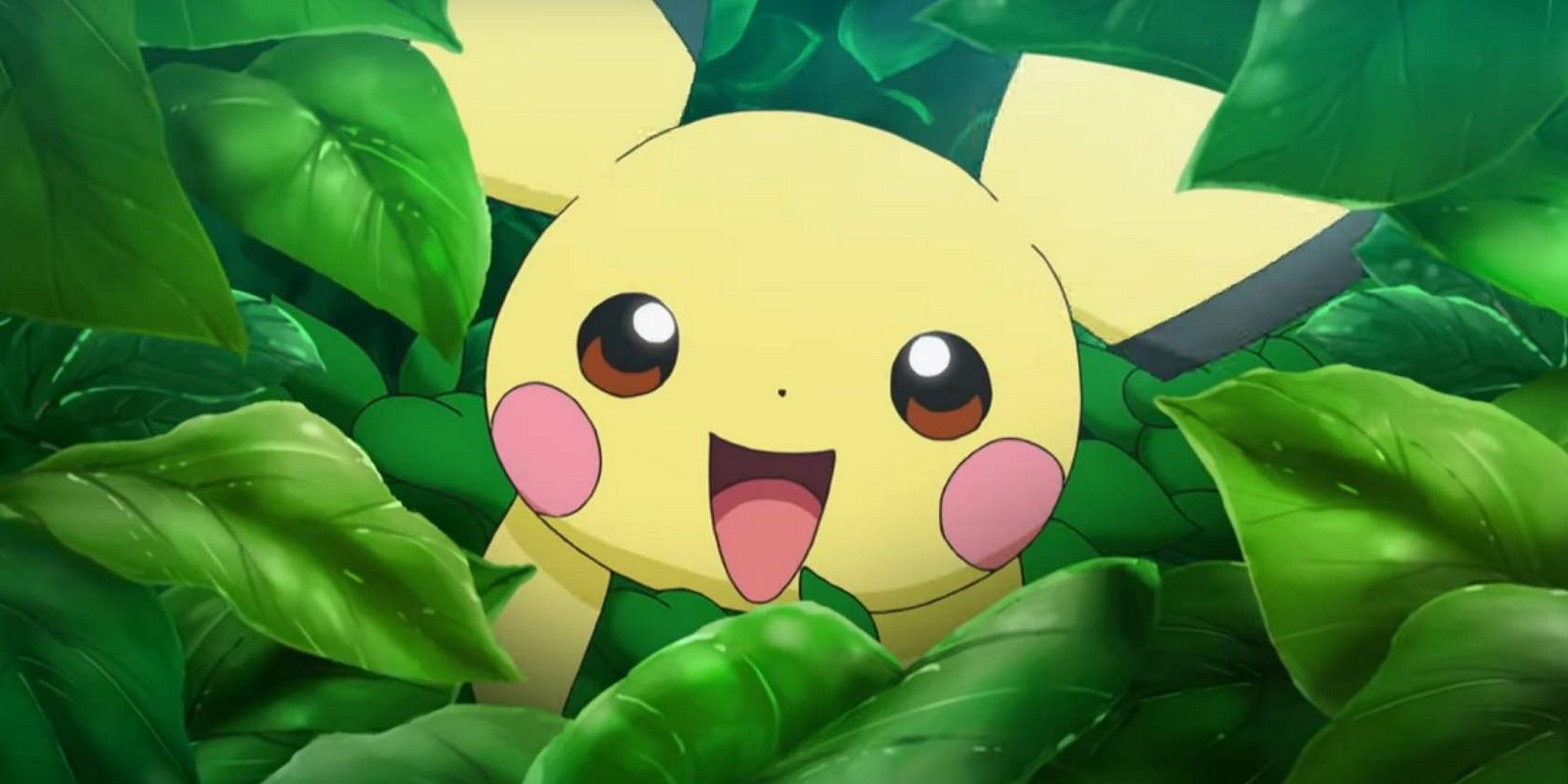 The Pokemon Pichu smiling in the leaves