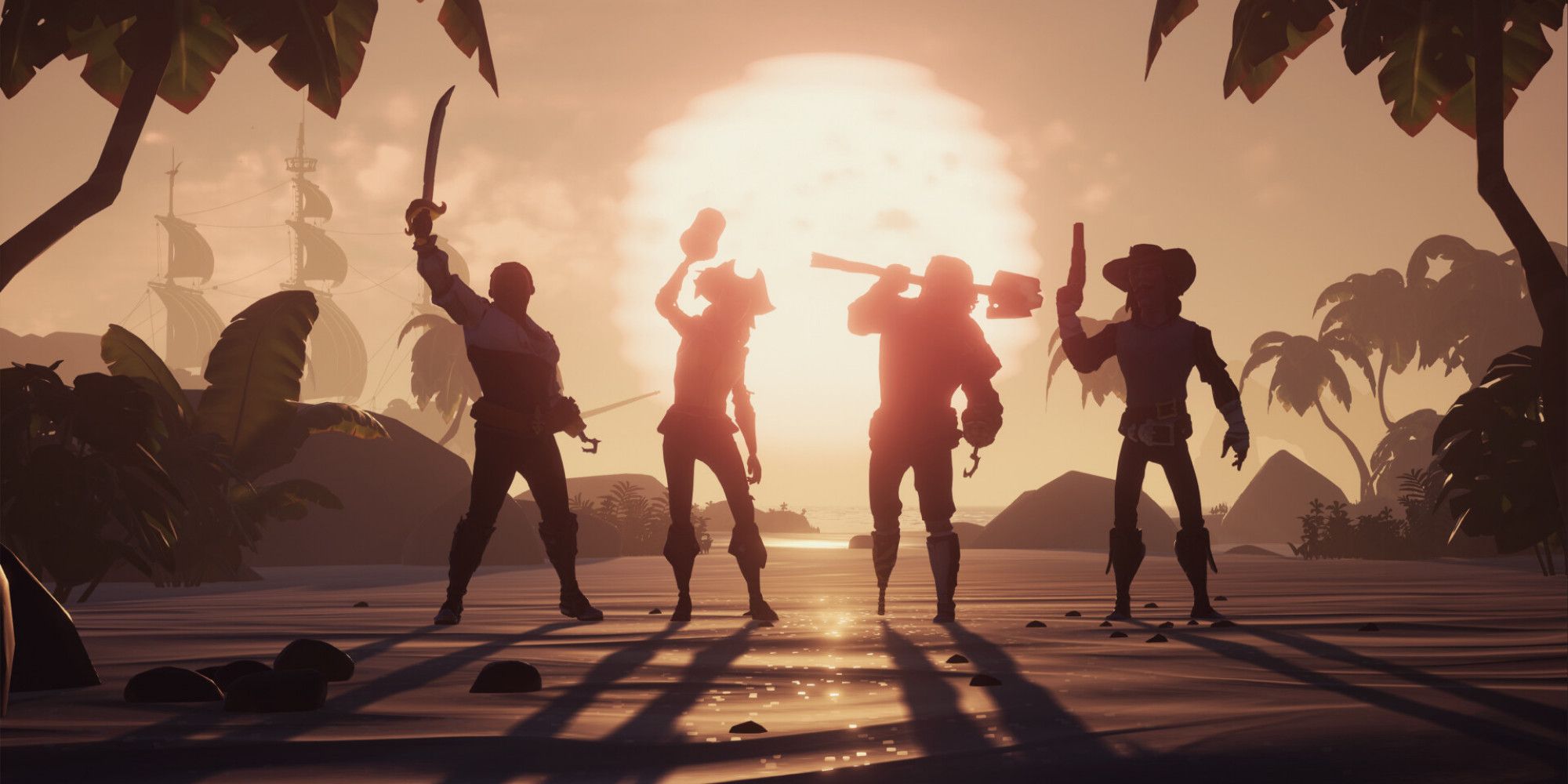 Sea Of Thieves four Pirates silhouetted by the sunset posing with their weapons