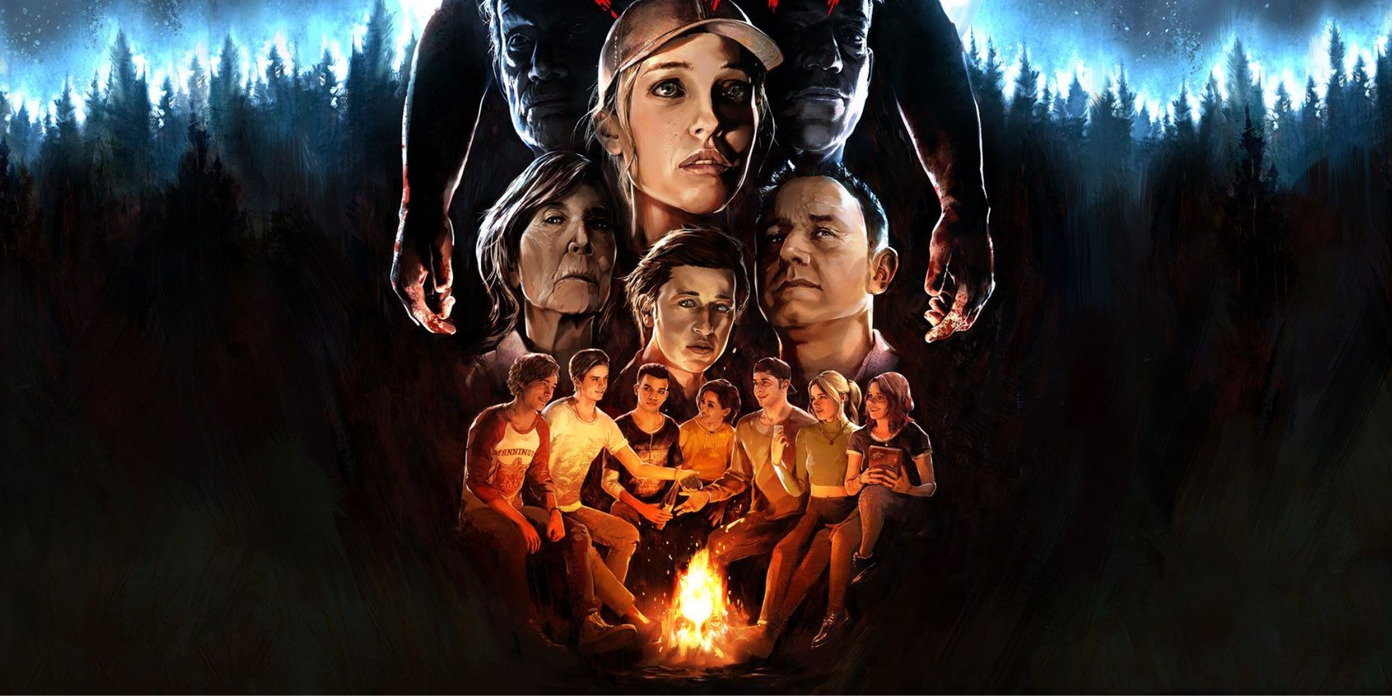 The Quarry title screen showing camp counsellors and Hacketts against a forest background